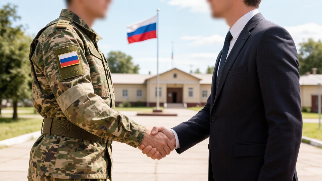 Военнослужащий пожимает руку новому резервисту у воинской части.